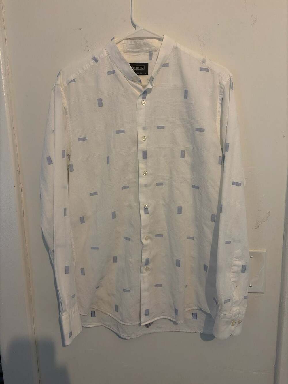 Mirto Classic Line Mandarin Collar Long Sleeve Shirt Size M White Blue Geometric